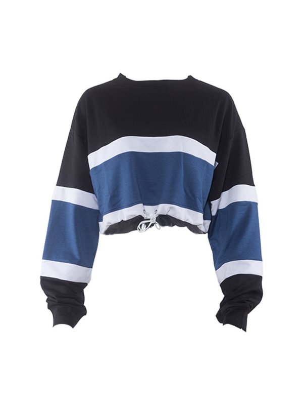 Stripes Color Block Drawstring Crop Sweatshirt