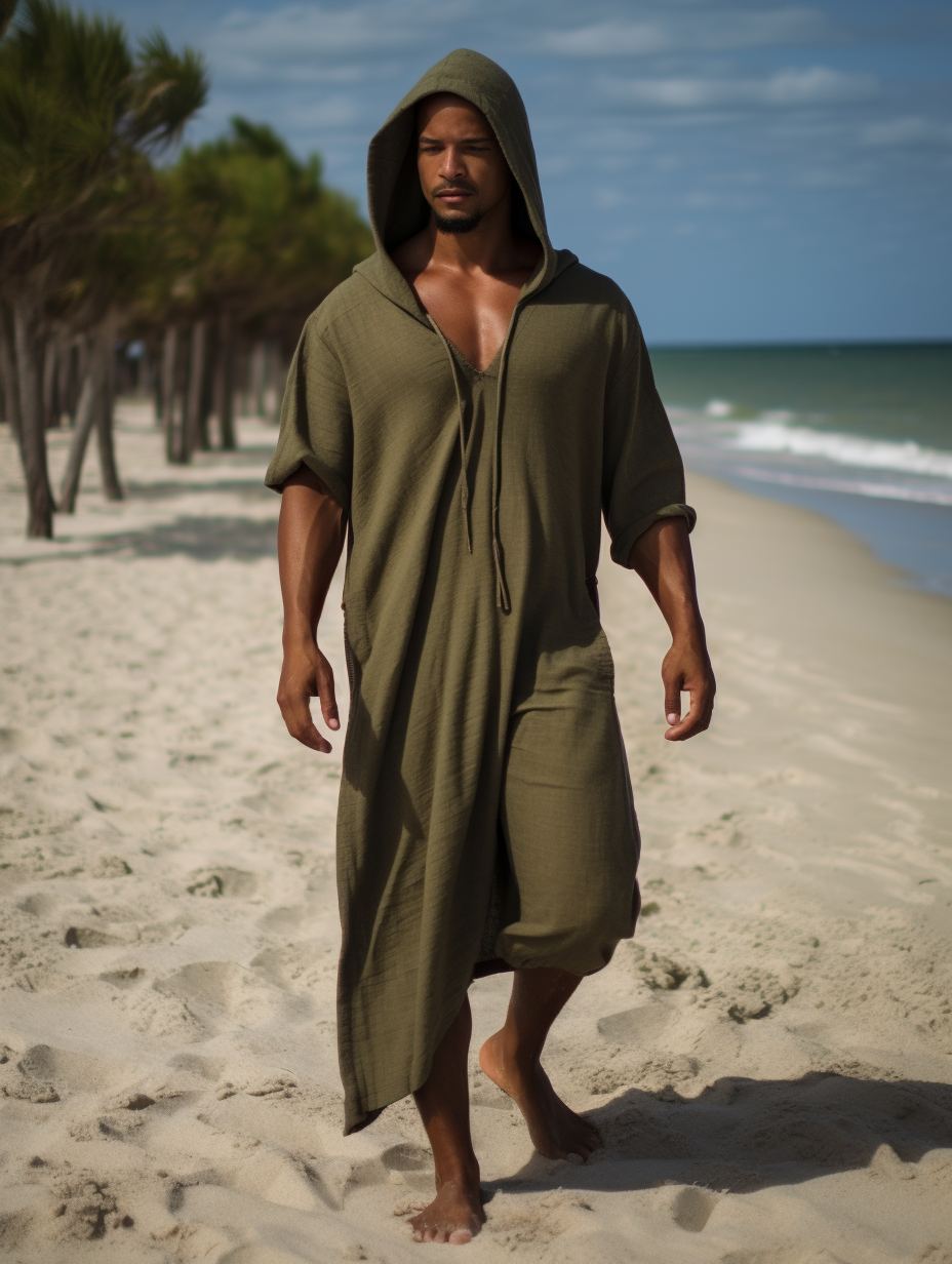 Green Men Linen Hoodie Kaftan Solid Long Caftan