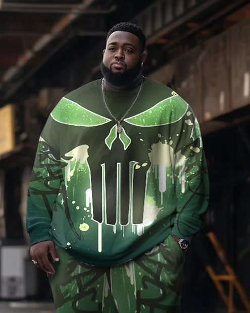 Men's Green Skull Graffiti Large Size Sweatshirt Two Piece Set