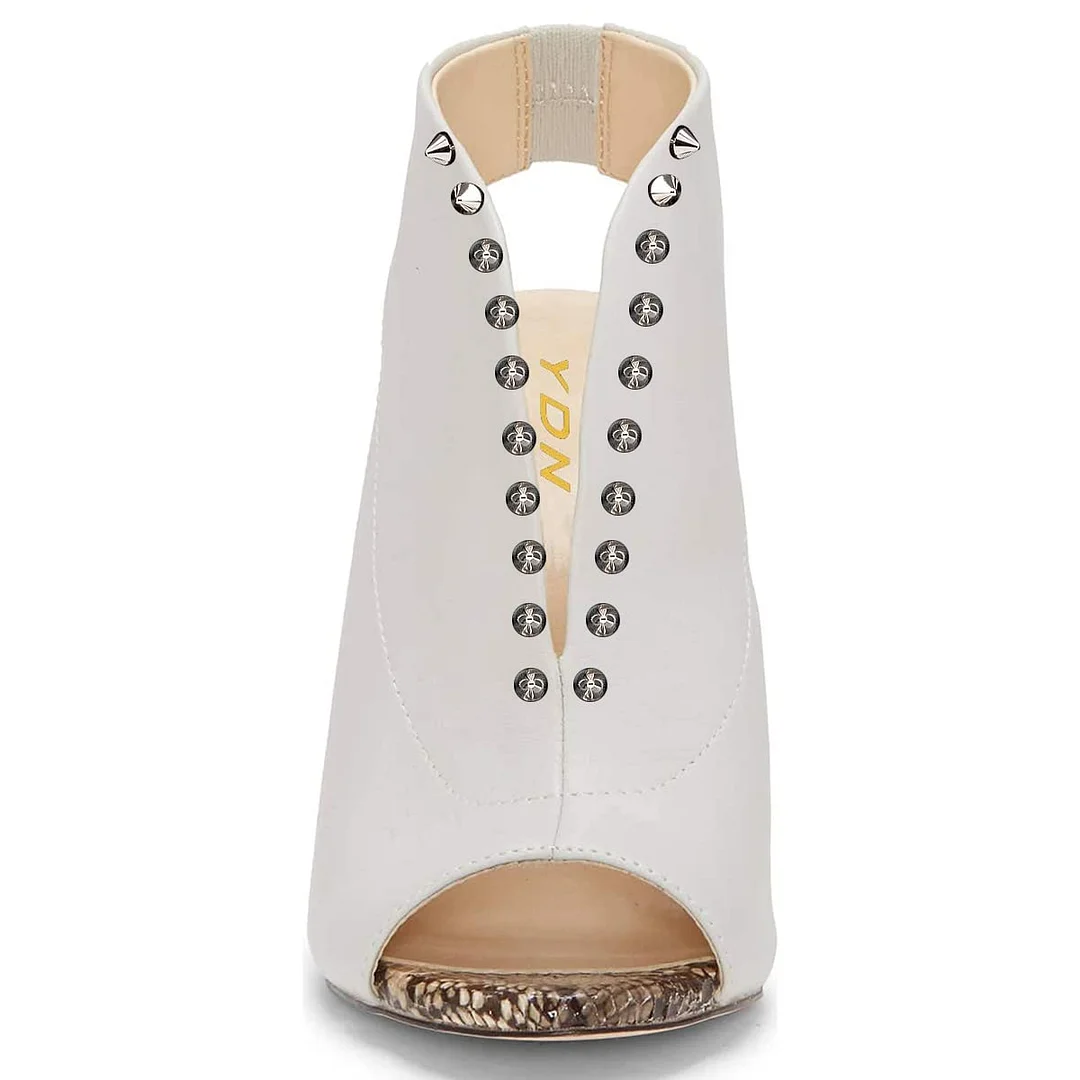 Ivory Vegan Leather Peep Toe Python Insole Studded High Heels Sandals
