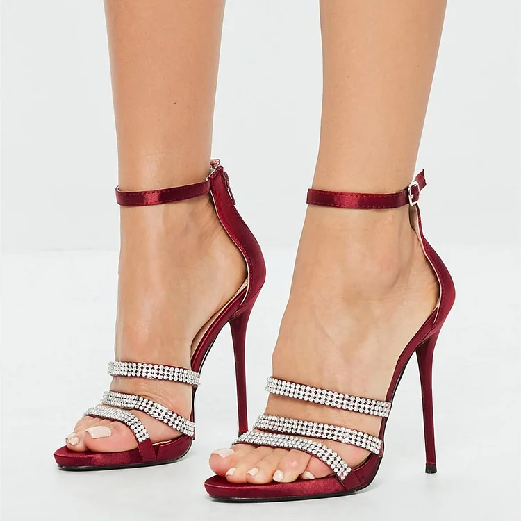 Burgundy Satin Rhinestone Sandals Open Toe Ankle Strap Stiletto Heels |FSJ Shoes