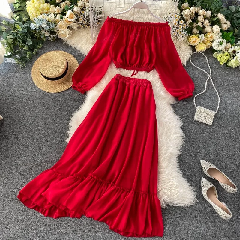 FTLZZ 2021 Summer Women Red Two Piece Set Long Sleeve Tunic Waist Crop Chiffon Tops+High Waist Lotus Leaf Edge Long Skirt Suits