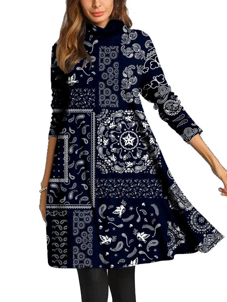 Women Long Sleeve Scoop Neck Printed Midi Dress
