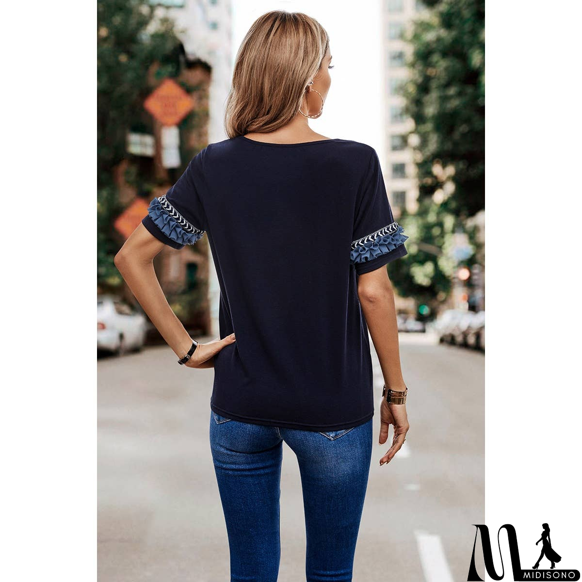 MidiSono - Solid Round Neck Loose Fit Frill Trim Tee