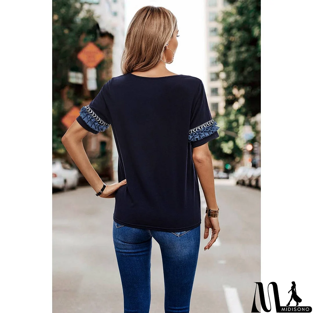 MidiSono - Solid Round Neck Loose Fit Frill Trim Tee