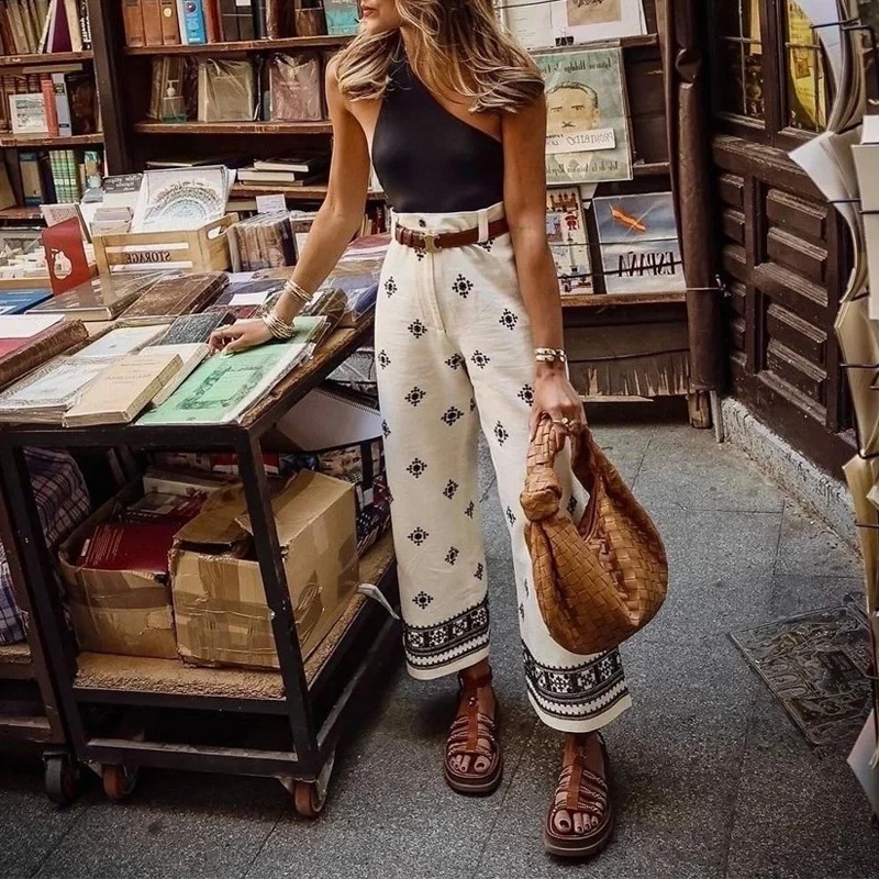 Toloer Toloer New Women's Fashion Print Bohemian Beach Vacation High Waist Wide Leg Pants-Outfit Ideas