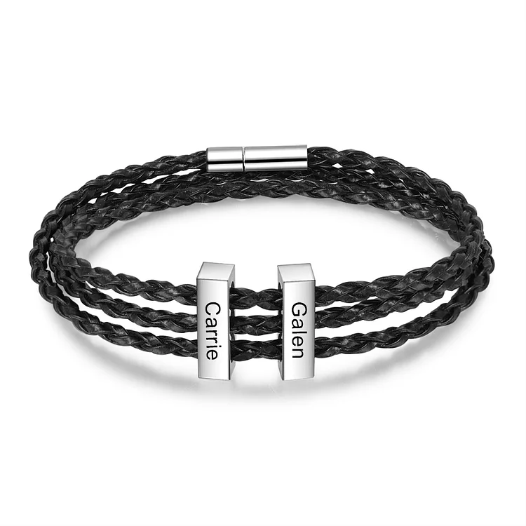 Men's Braided Leather Three-Layer Bracelet With 2 Names Engraved