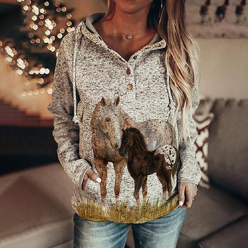 Comstylish Vintage Horse Print Long Sleeve Hoodie