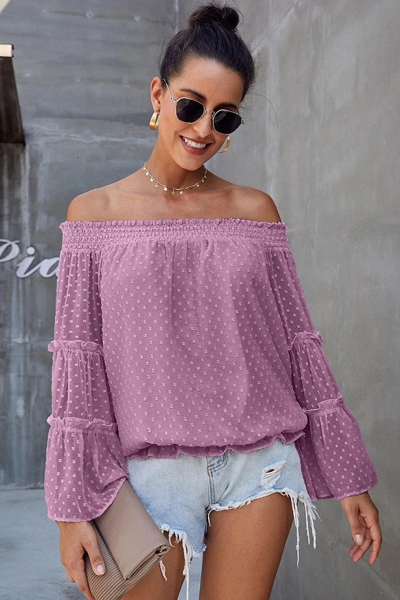 Summer Off Shoulder Blouse Women Fashion Solid Color Long Sleeve Plus Size Casual Sexy Shirts Female Chiffon Tops And Blouses