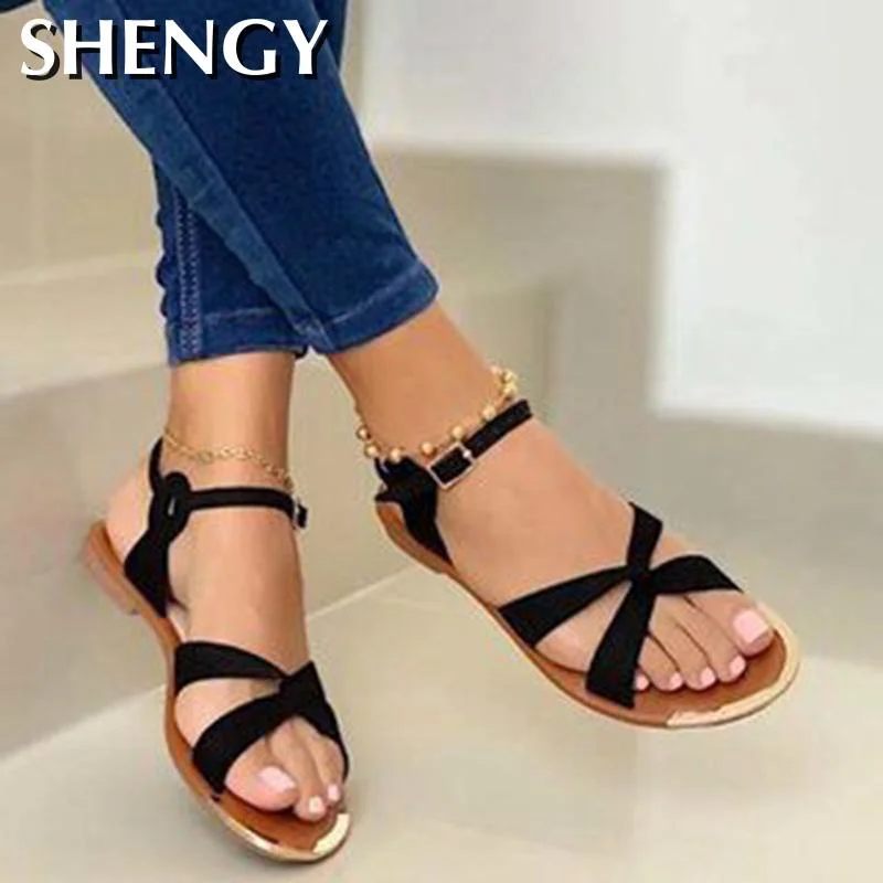 2020 Summer Women Flat Sandals Gold Open Toe Beach Shoes Gladiator Cross Strappy Ladies Sandals Zapatos Mujer Chaussure Femme