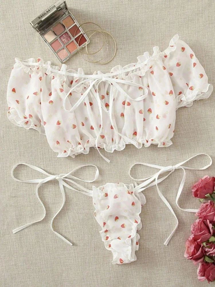 Toloer White Strawberry Print Mesh Off Shoulder Lingerie Set-Outfit Ideas