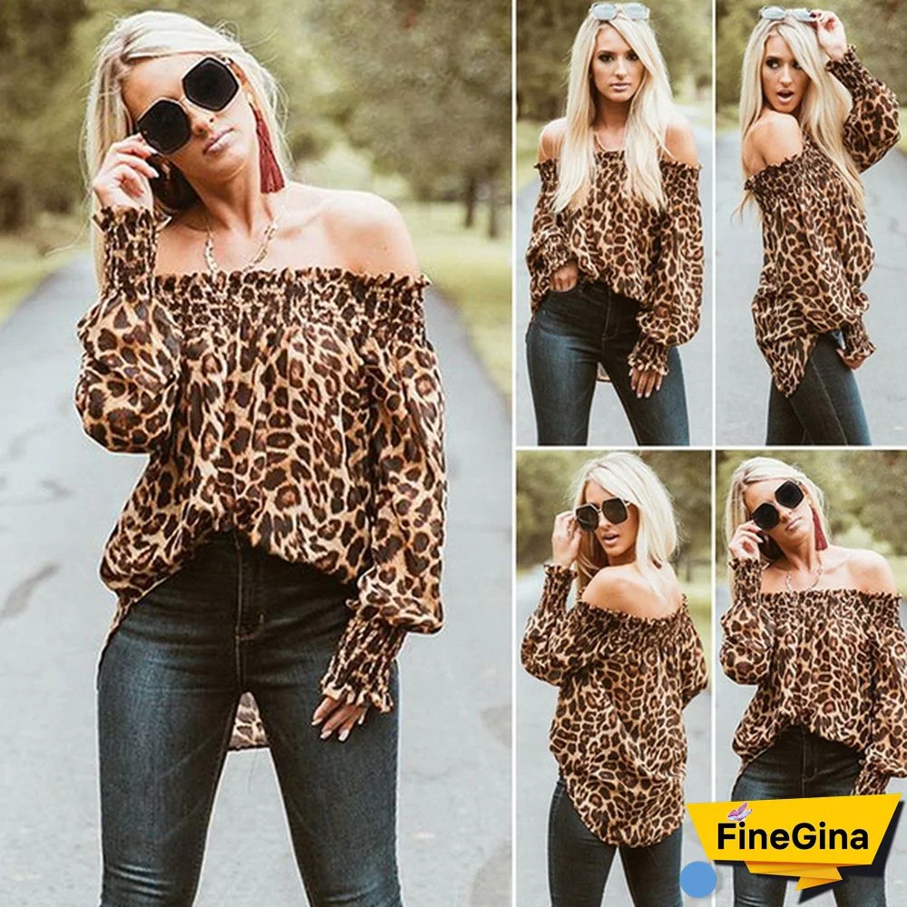Women Spring Fall Off Shoulder Leopard Print Long Sleeve Blouse Tops