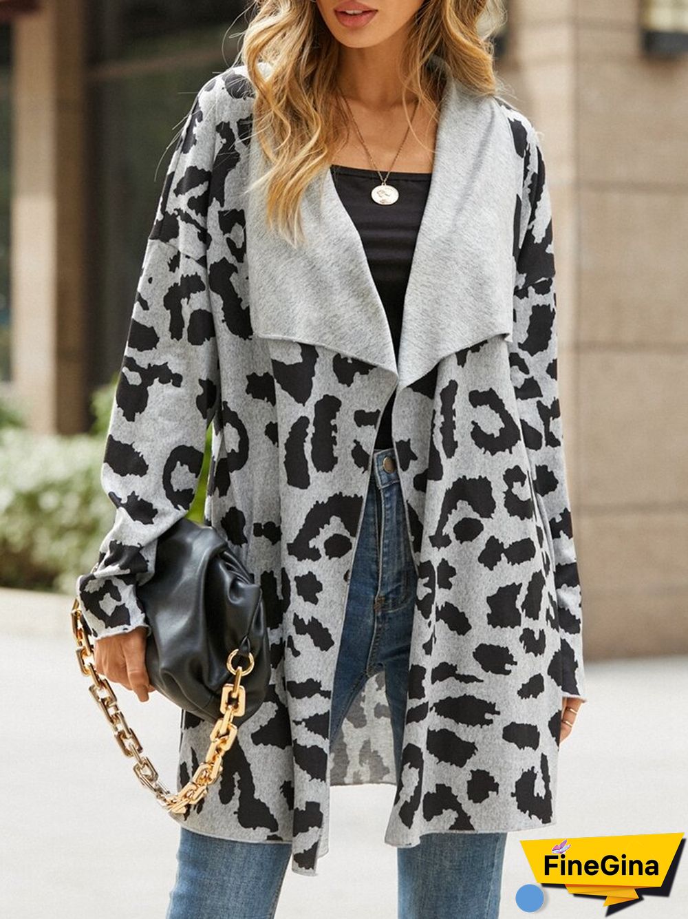 Women Leopard Print Lapel Collar Long Sleeve Casual Cardigan
