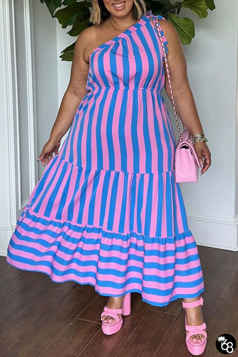 Casual Street Daily Elegant Simplicity Striped Printing One Shoulder Asymmetrical Dresses | 168DEAL