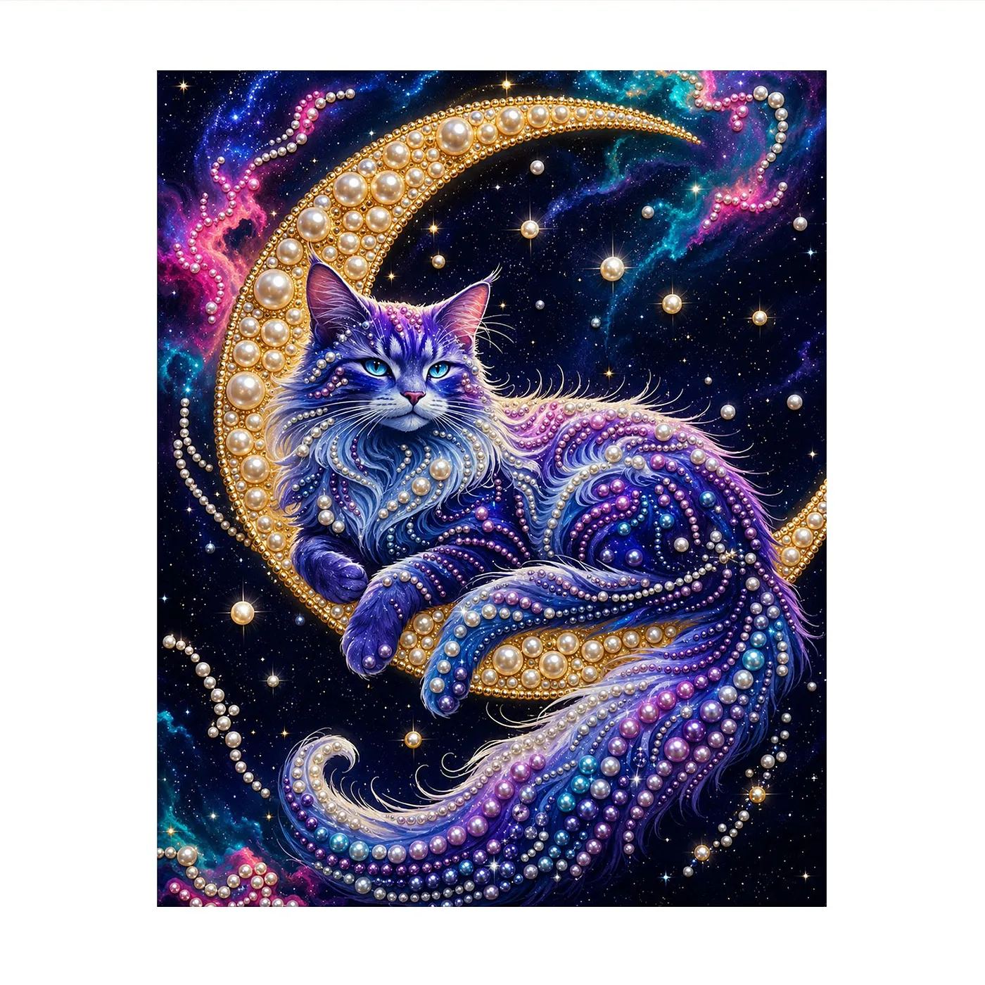 Crescent Moon Blue Cat - Pearls Painting