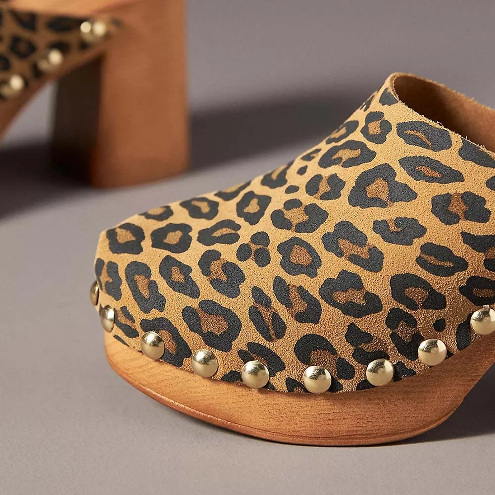 Brown Leopard Print Studded Platform Mules Shoes with Chunky Heel
