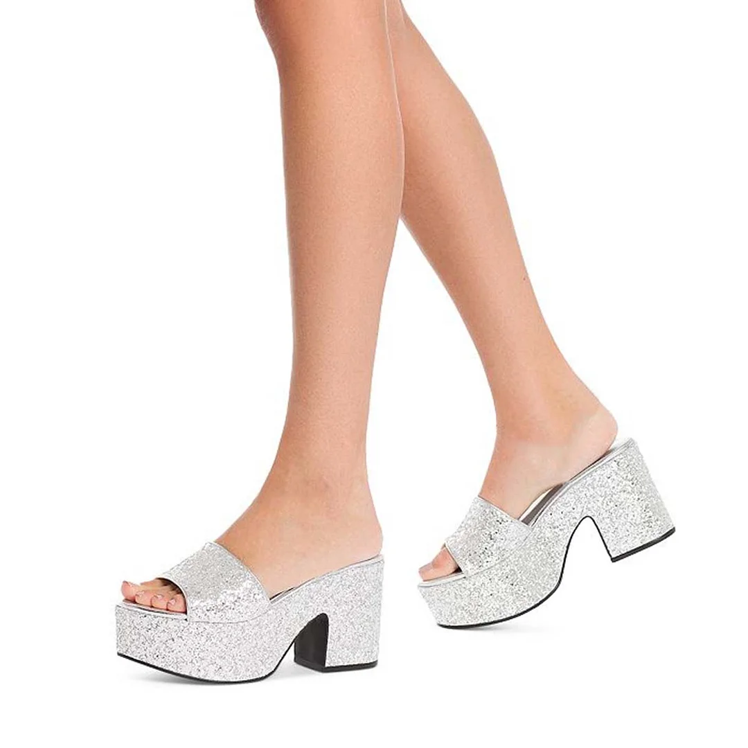 Dazzling Silver Glitter Open Toe Chunky Heel Platform Slide Sandals
