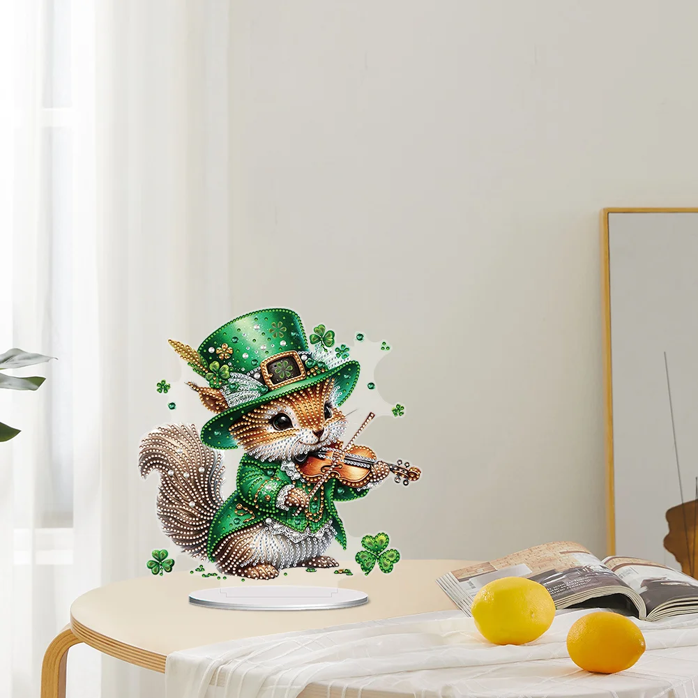 DIY Acrylic St. Patricks Day Squirrel Special Shape Diamond Painting Tabletop Ornament Creative Home Decor & Gift Idea for Adults - Relaxing Craft Activity