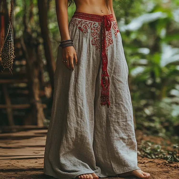 Bohemian Holiday Style Retro Linen Floral Ethnic Totem Print Casual Pants