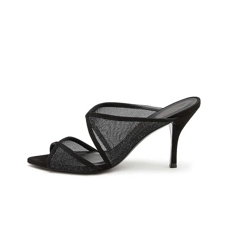 Black Mesh Evening Shoes Open Toe Stiletto Heel Mules for Women |FSJ Shoes