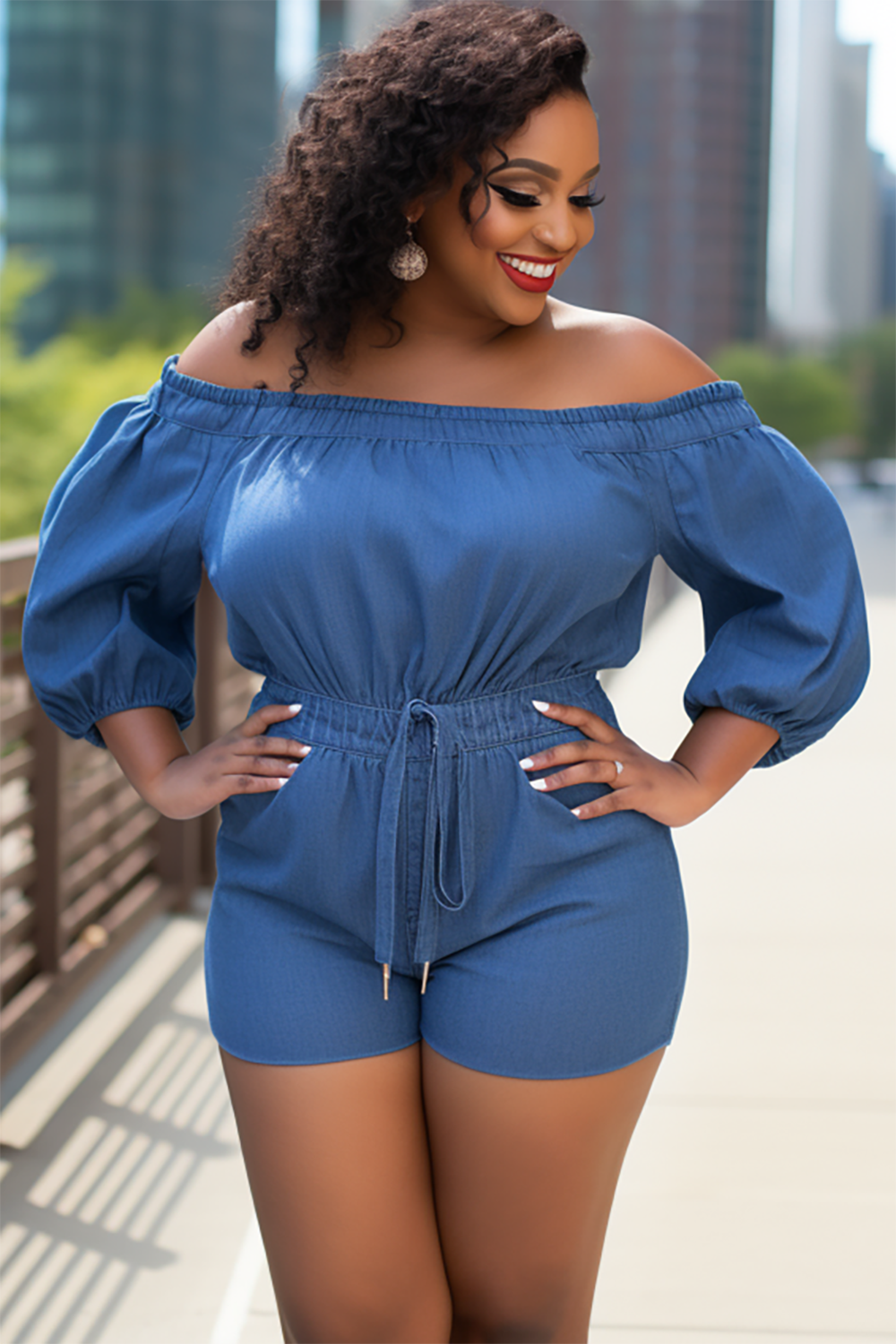 Design Plus Size Daily Blue Off The Shoulder Lantern Sleeve 3/4 Sleeve Denim Romper [Pre-Order]