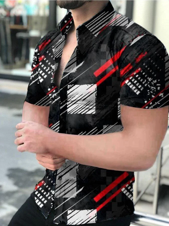 Men's Casual Black and Red Printed Short-Sleeved Shirt
