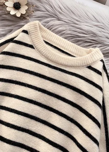 Fashion beige striped sweaters trendy plus size o neck low high design Sweater Blouse