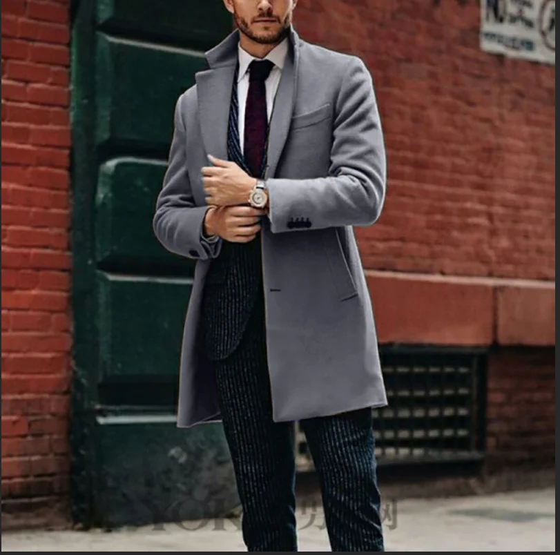 Men's mid-length long-sleeved woolen coat
