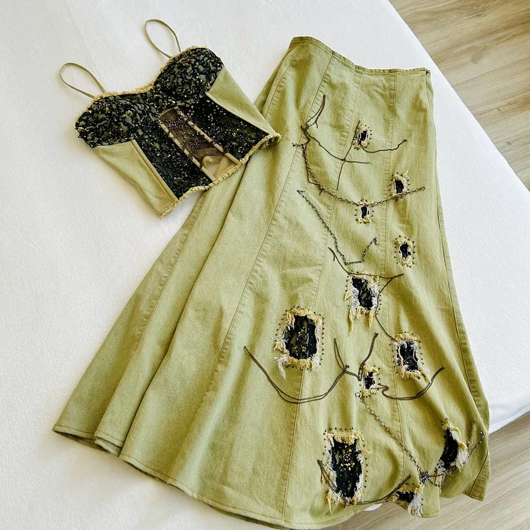 Green exquisite beaded two-piece dress 