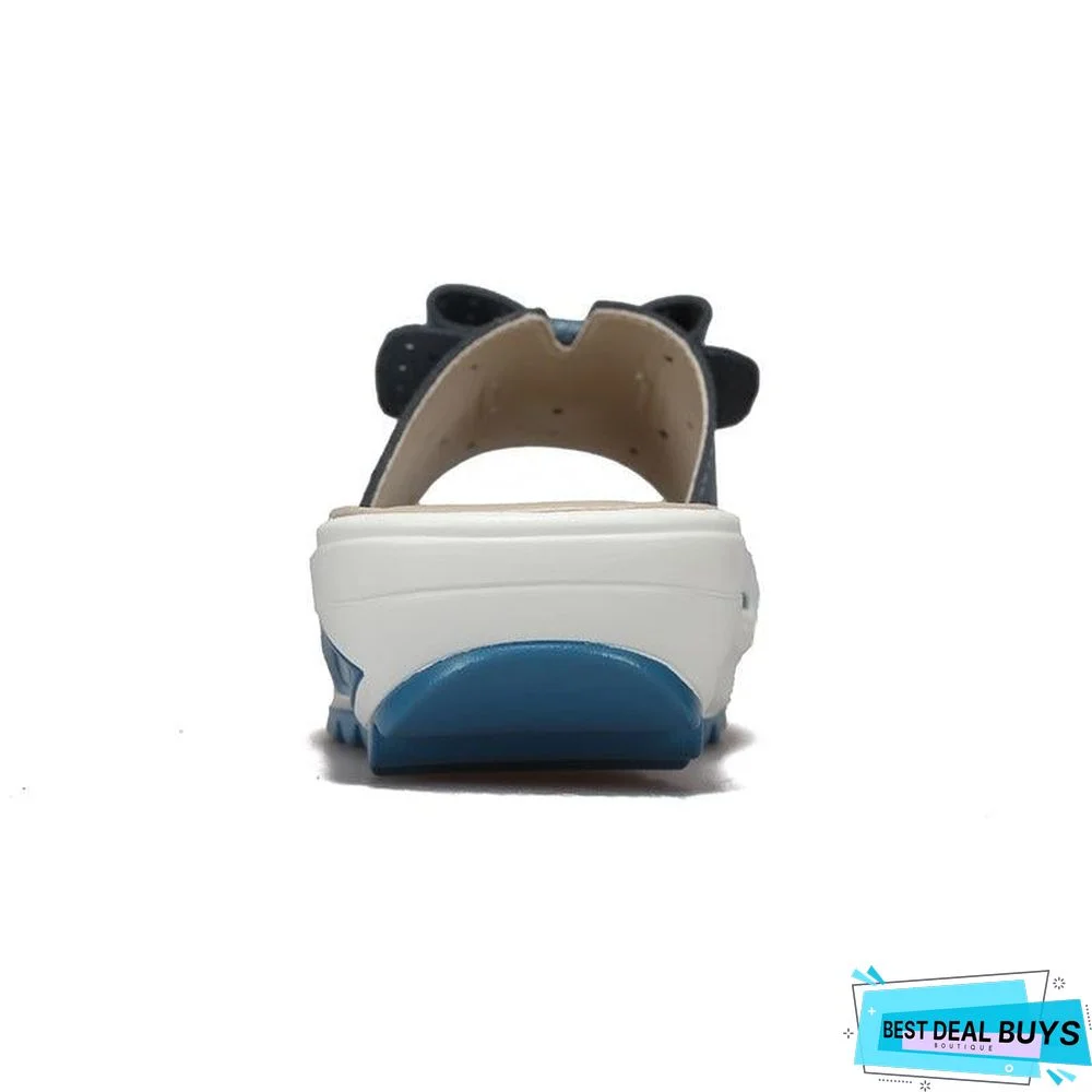 Summer Women Butterfly Knot Pu Leather Cut Out Flat Heels Slippers Sandals