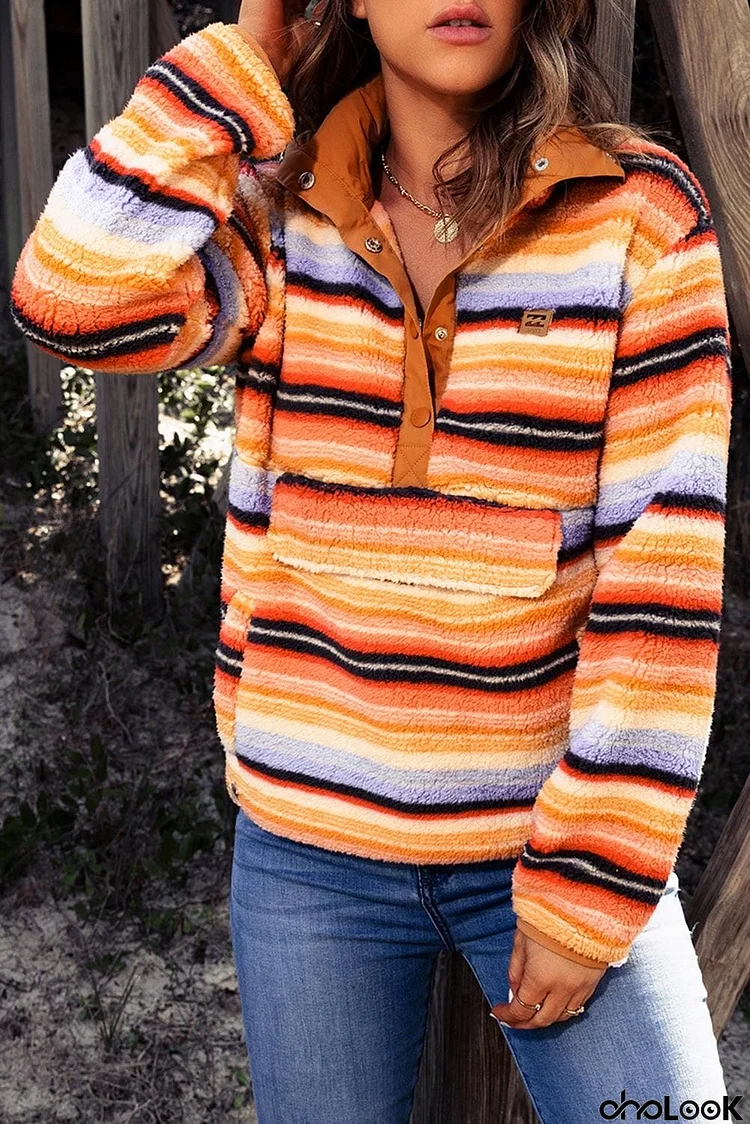 Multicolored Stripe Quarter Snap Fleece Sweatshirt