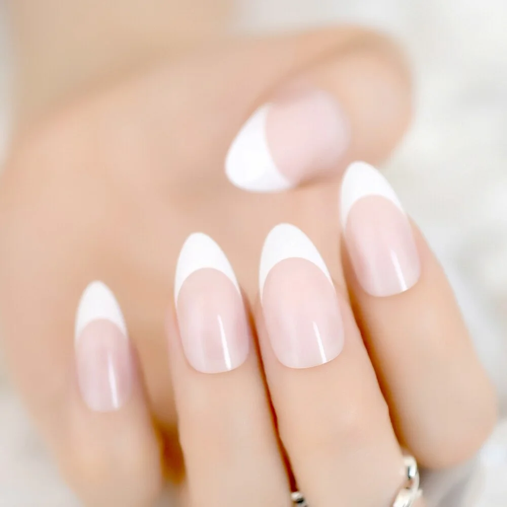 24 Count Beige Artificial Nails Classical Almond Shape French Nail Sweet Smile Line with Adhesive Glue Sticker-Nail Inspo