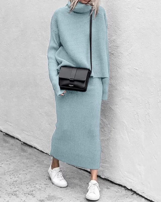 Fashion solid color turtleneck knitted skirt suit two-piece set