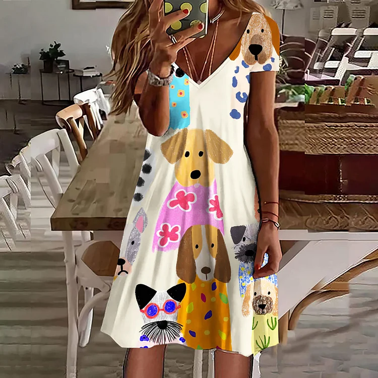 Women's Colorful Cute Dogs Casual Midi Dress