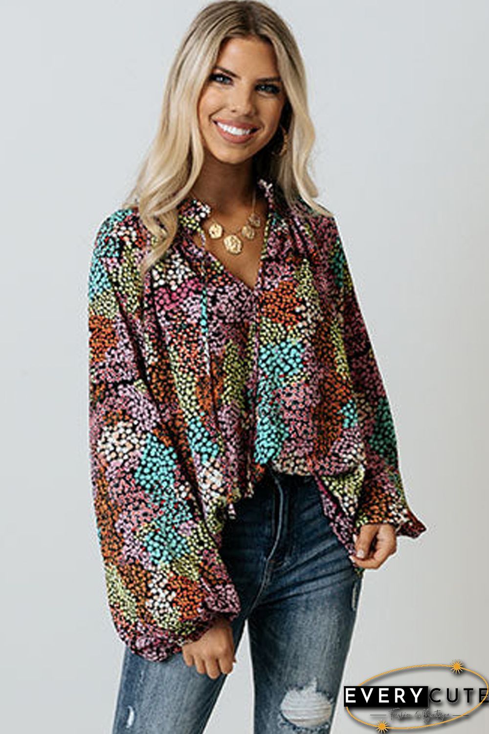 Multicolor Vibrant Floral Tie V Neck Puff Sleeve Blouse
