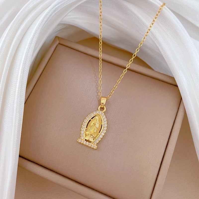 Classic Style Human Geometric Our Lady Of Guadalupe Titanium Steel Copper Zircon Gold Plated Inlay Pendant Necklace