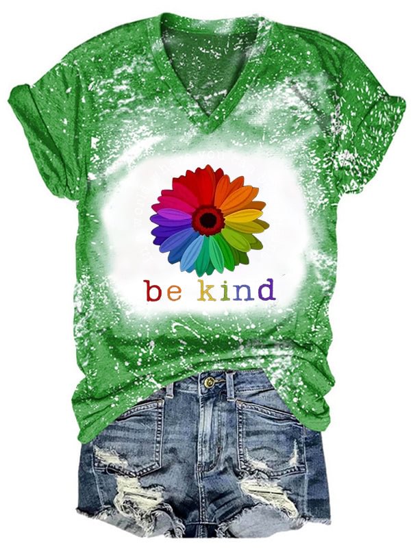 Short Sleeve V Neck Gradient Be Kind Sunflower Letter Printed T-shirt
