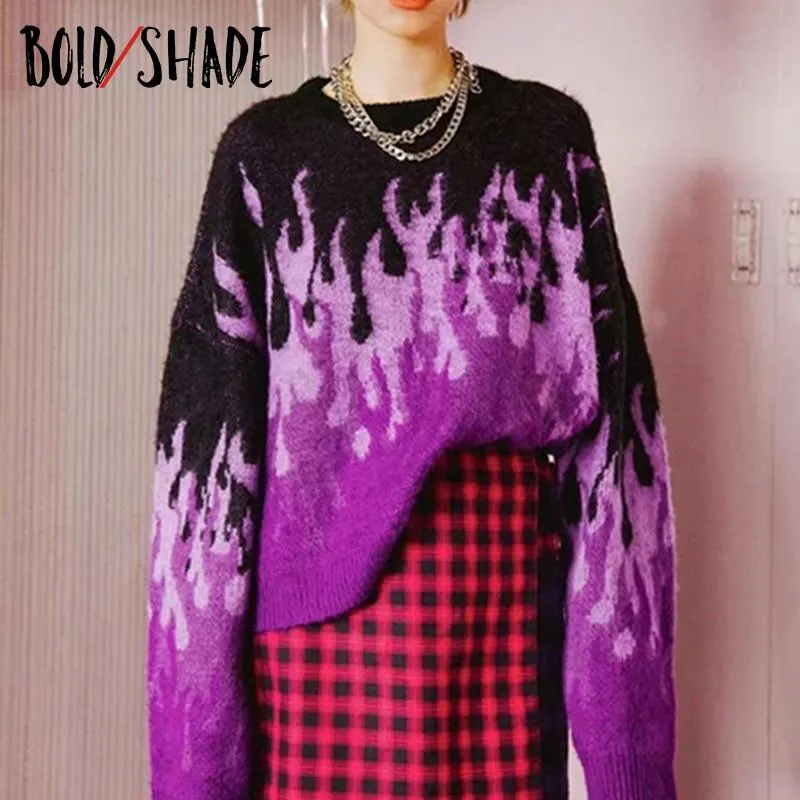 Bold Shade Indie Aesthetic Harajuku Sweaters Knitted Flame Print E-girl 90s Vintage Pullovers Women Long Sleeve Grunge Jumper