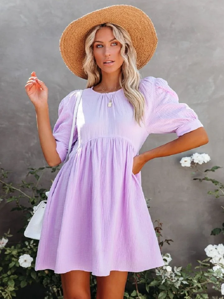 Fashion Solid Color Short Sleeve Dress | EGEMISS