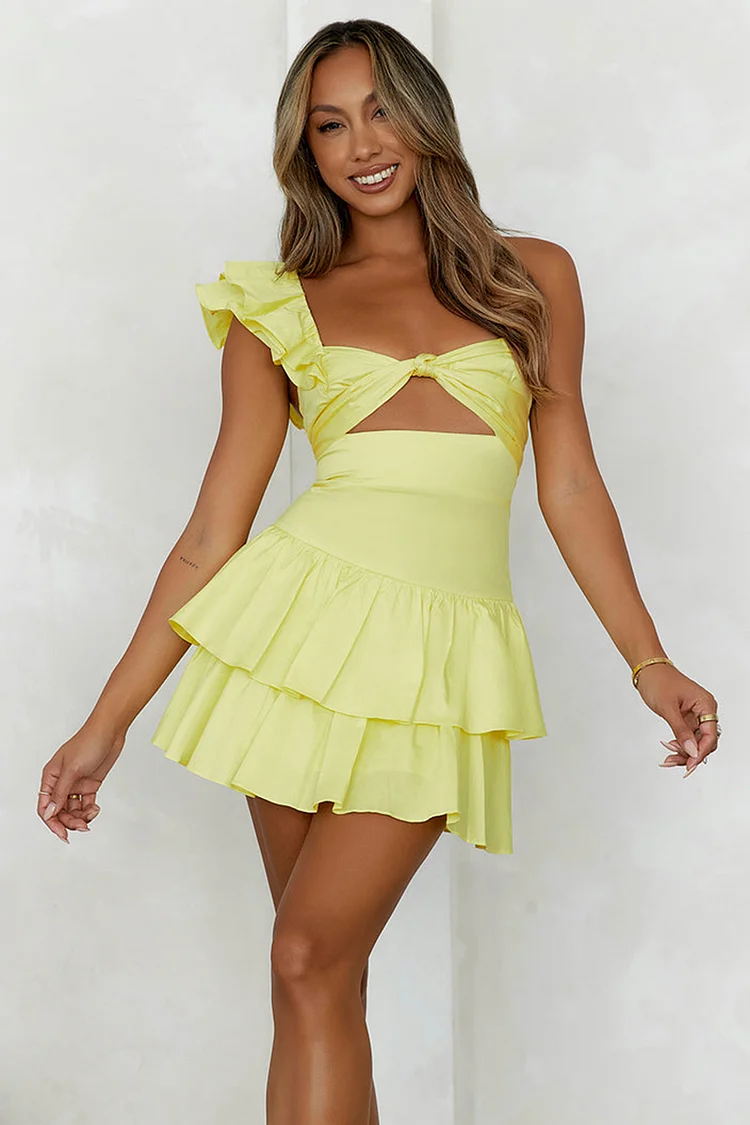 One Shoulder Straps Cutout A-Line Layered Flounced Mini Dresses-Yellow