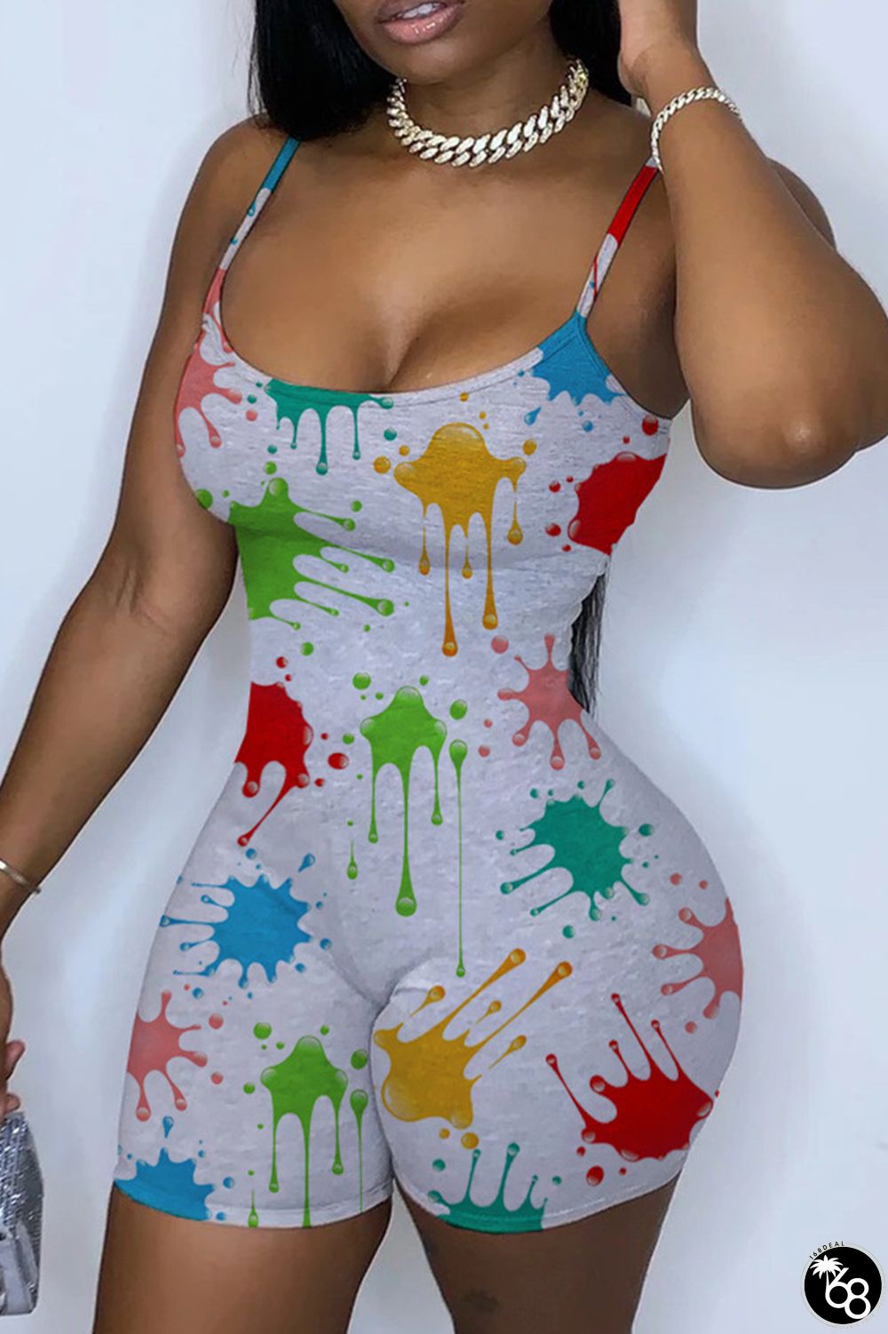 Grey Sexy Print Patchwork Spaghetti Strap Skinny Rompers | 168DEAL