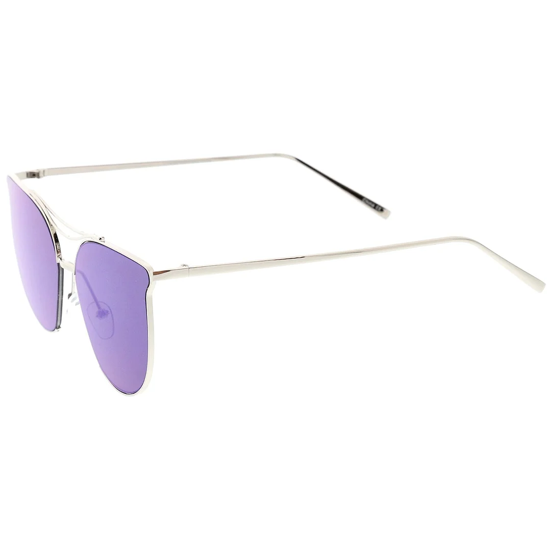 Modern Metal Cat Eye glasses With Double Nose Bridge Round Mirrored Flat Lens 55mm