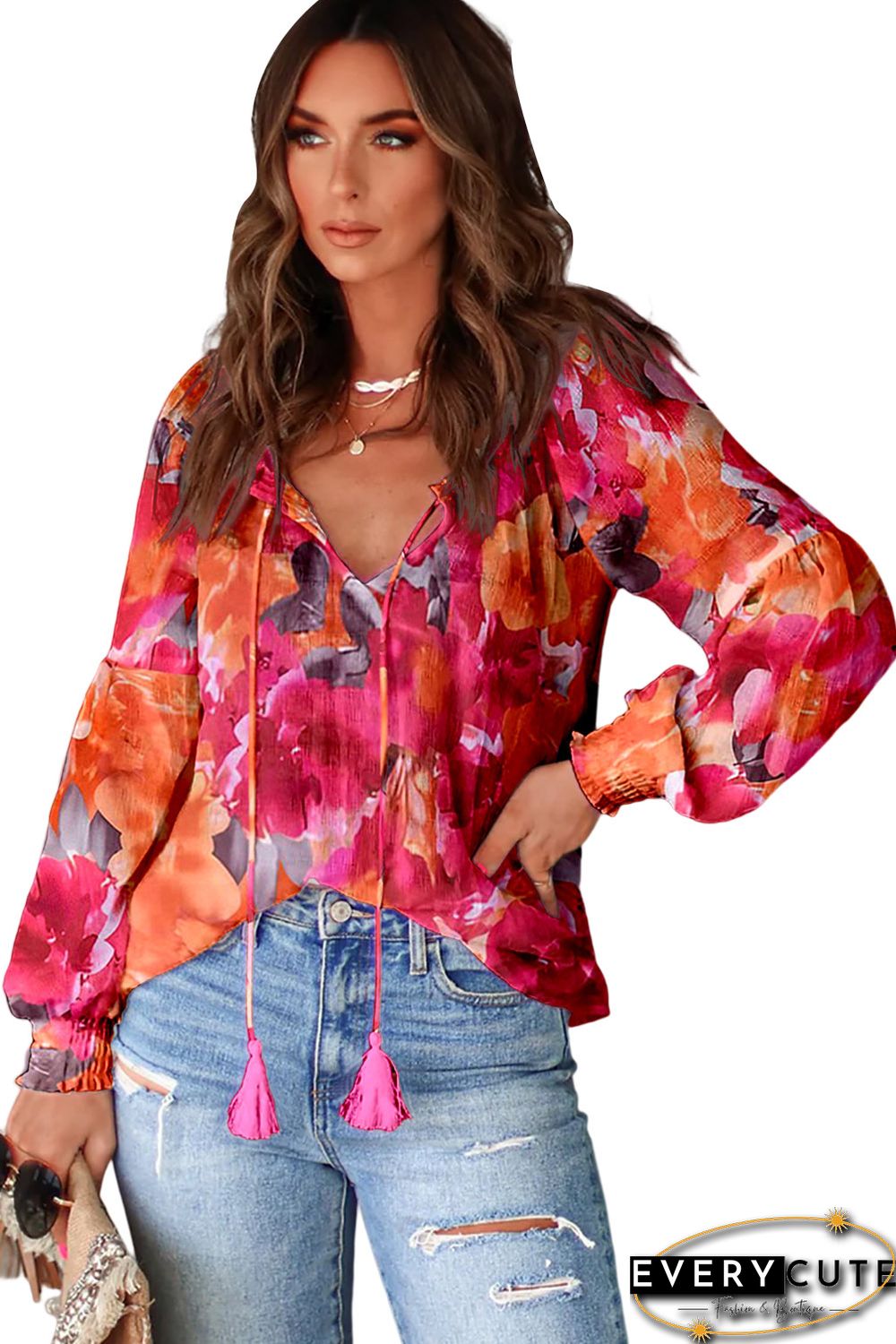 Red Floral Tassel Tie Long Sleeve Blouse