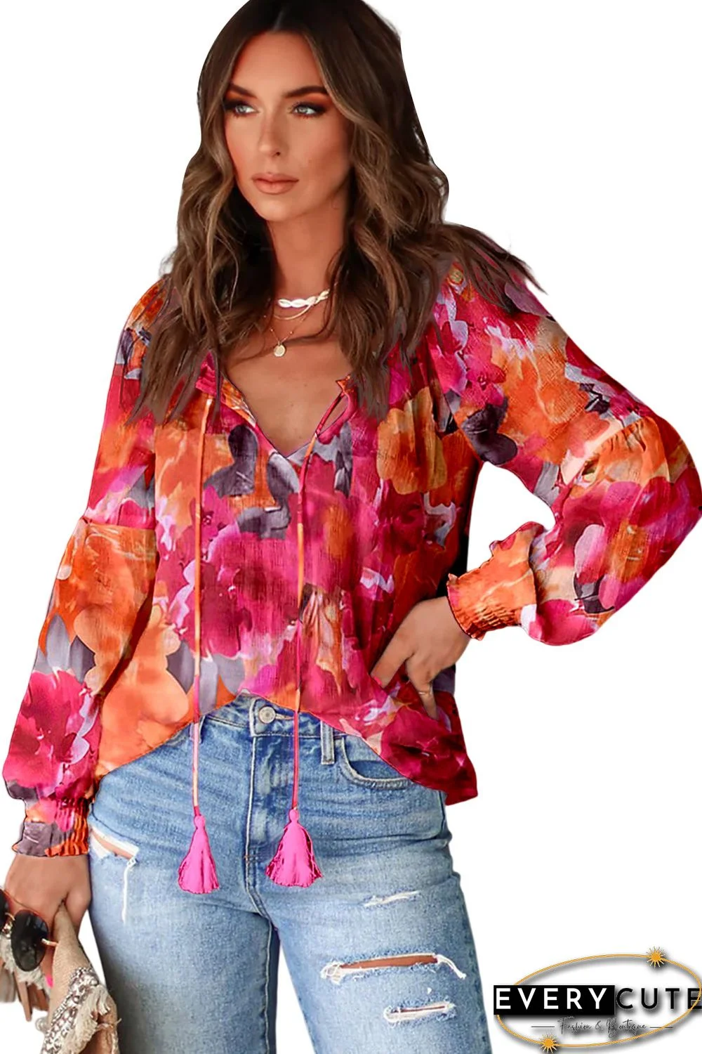 Red Floral Tassel Tie Long Sleeve Blouse