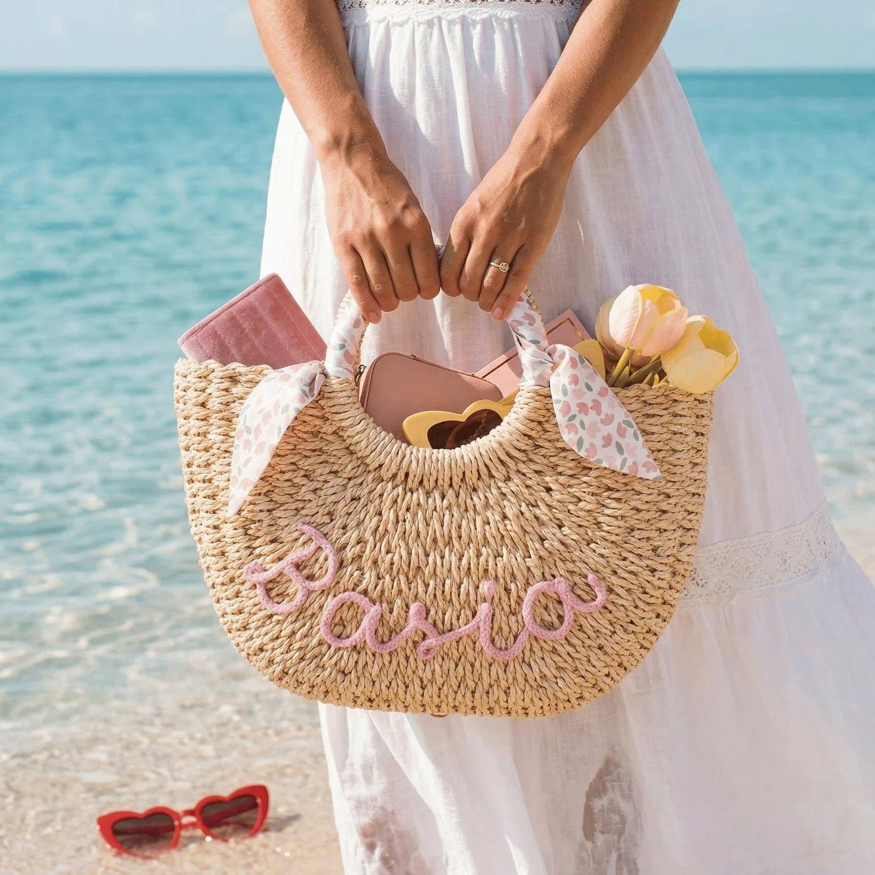 Personalized Straw Bridesmaid Bag - Custom Boho Beach Tote for Women Personalized Bridal Party Gift