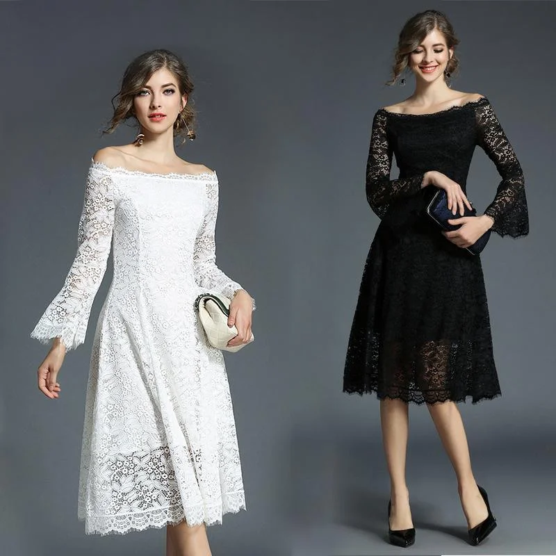 One-line collar, mid-sleeve, flared sleeve lace dress