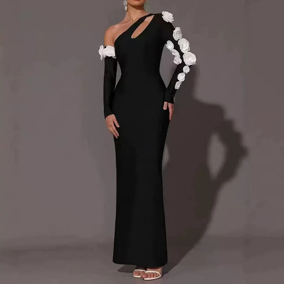 Elegante abito lungo floreale 3D con colori a contrasto