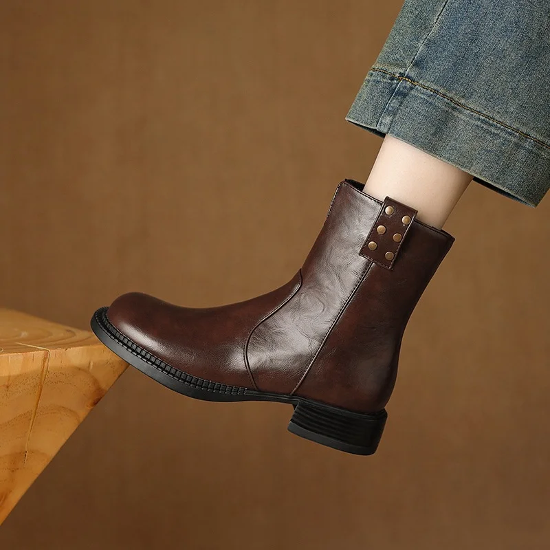 Breakj Breakj Plus Size Boots Vintage Round Head Western Boots Thick Heel Ankle Boots Women's Fall New Style Side Zipper Low Heel Skinny Boots