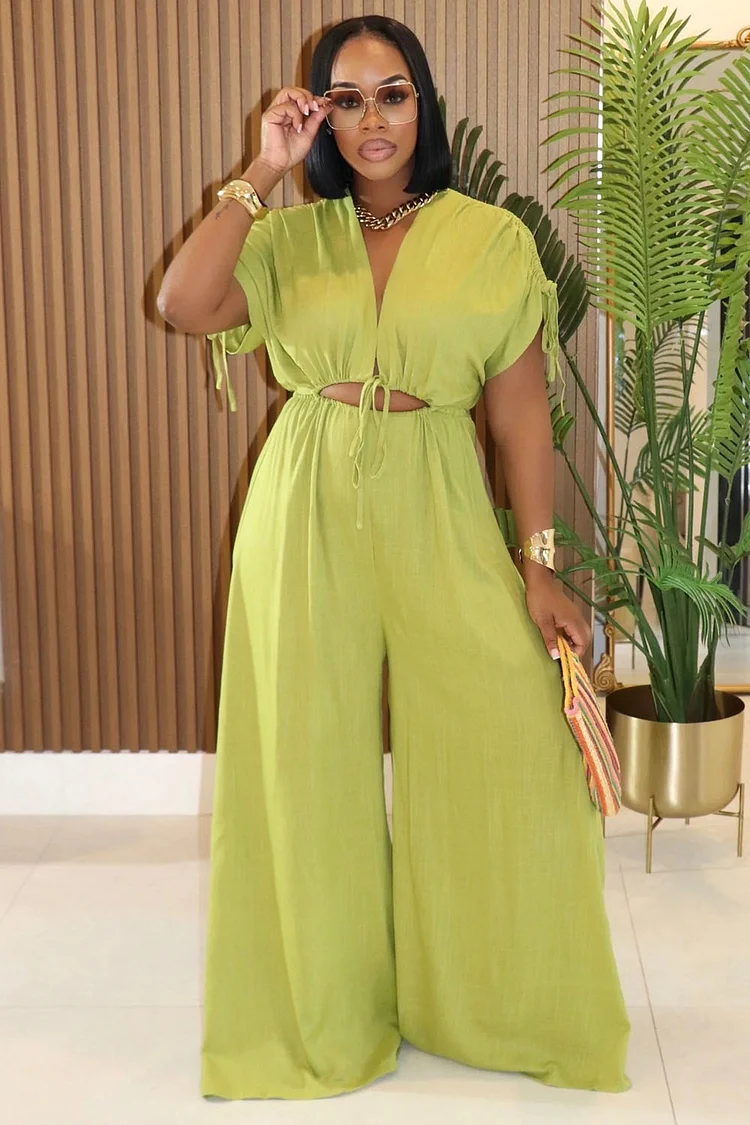 V Neck Ruched Sleeve Cutout Daily Solid Wide Leg Jumpsuit-Orange [Pre Order]