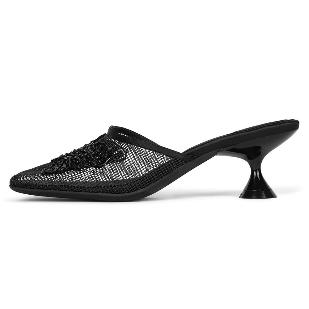 Black Fishnet Square Toe Kitten Heel Sequin Wide Band Mules Shoes Nicepairs